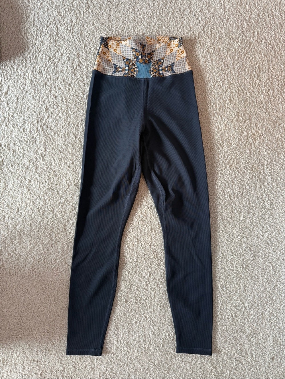 Z Supply Black Leggings with Blue and Gold Patterned Waistband